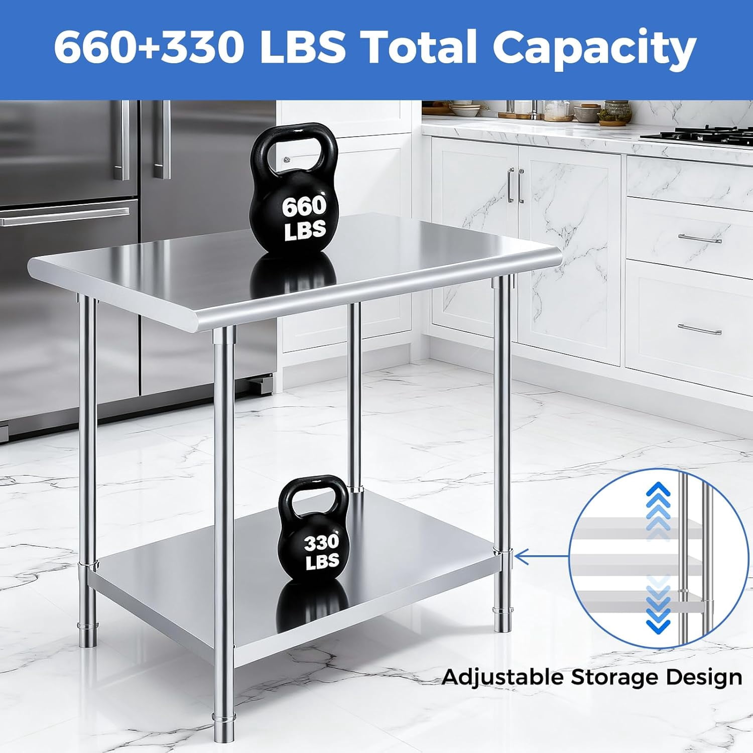 OSTBA Stainless Steel Table for Prep & Work 24x18 Inches, NSF Metal Commercial Heavy Duty Table with Adjustable Undershelf and Adjustable Foot for Restaurant Kitchen Home and Hotel
