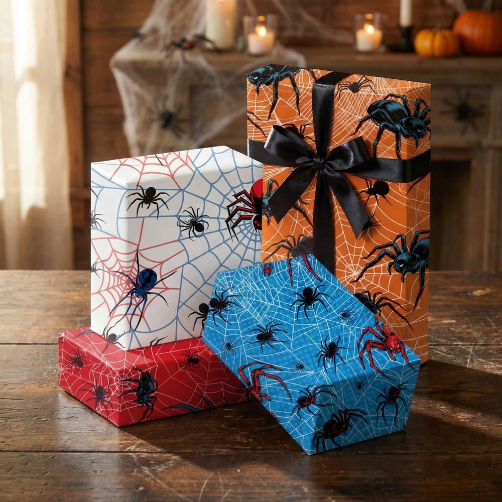 12 Sheets Spider Wrapping Paper, Spider Web Gift Wrap Blue Red Gift Packing for Boys Men Birthday Party DIY Crafts, 19.7 x 27.6 inch