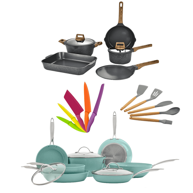 Mega Combo Jade Cook + Sofía Ceramic | 2 Baterías de Cocina + Set de Cuchillos + Utensilios | 27 Piezas Totales