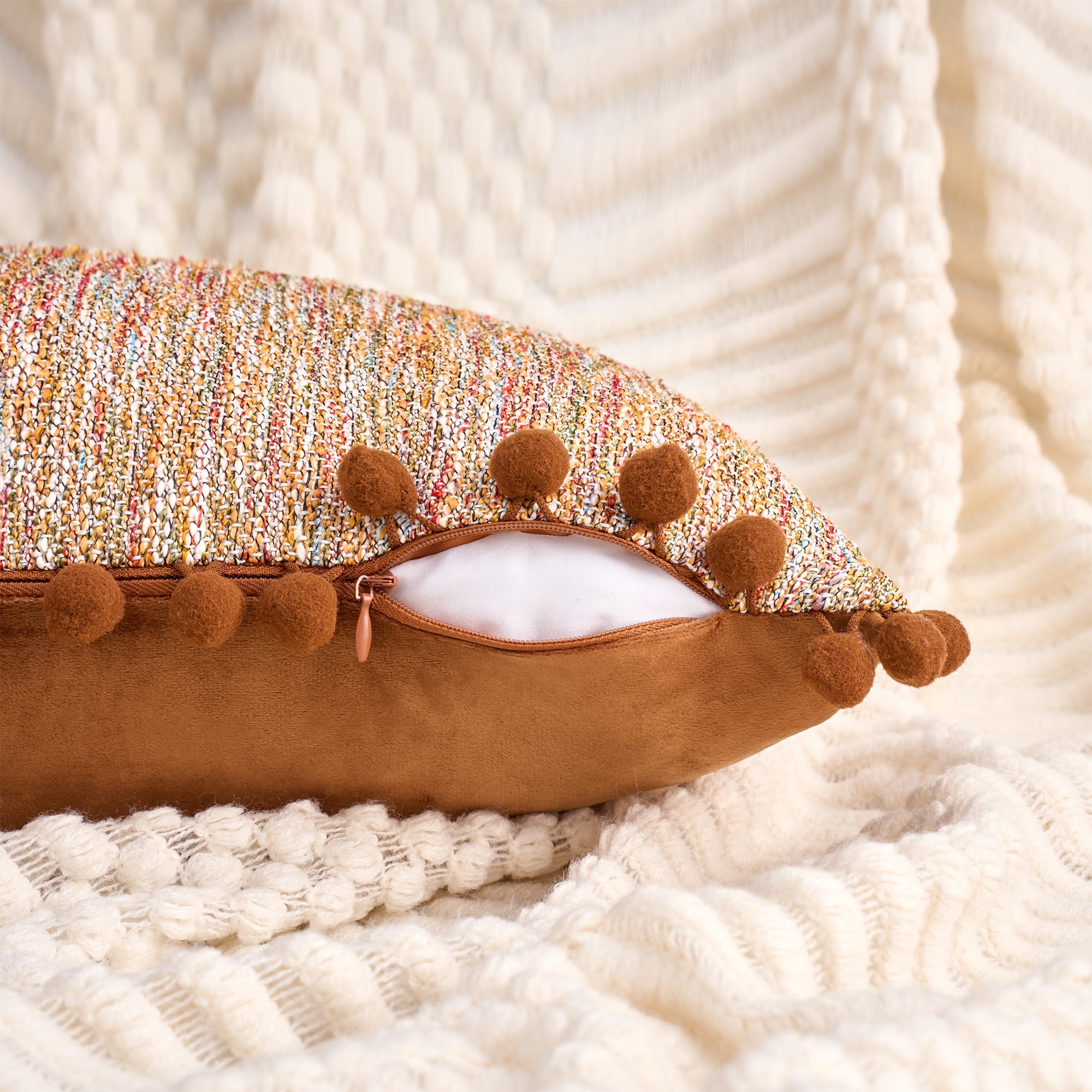 Unique Bargains Pack of 2 Chenille Throw Pillow Covers with Pom-poms 18" x 18" Brown
