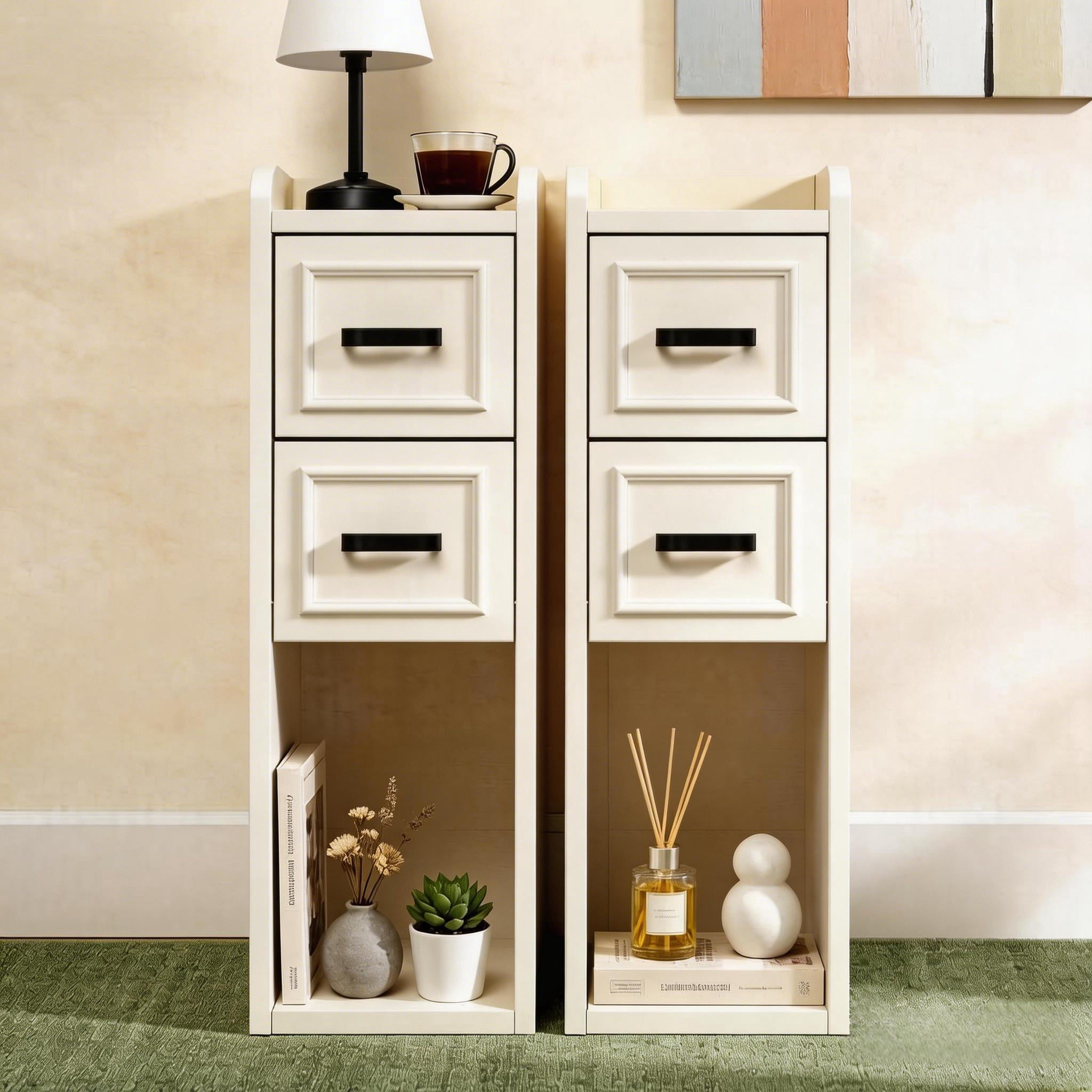 BERRY NEST Narrow Nightstand Set of 2, Modern White Bedside Table with Drawers & Open Shelf, Modern End Table for Bedroom Small Spaces, Apartments, Renters