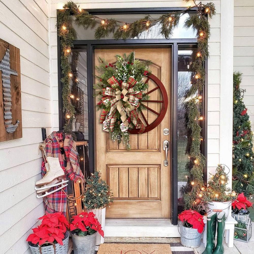15.7 Inch Winter Wreath for Home Outdoor Christmas Decor New Year Gift Christmas Wreath Red Wagon Wheel Wreaths Christmas Decoration Winter Wreath Farmhouse Wagon Wheel Wreath