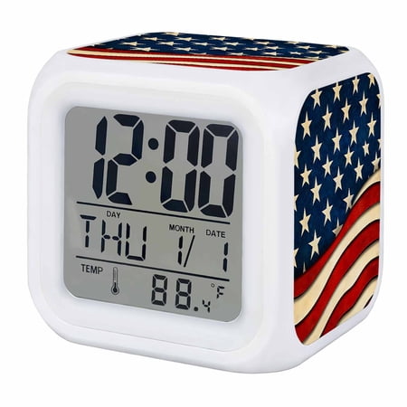 Vintage American Flag Digital Alarm Clock for Bedrooms, Smart LED Alarm Clock with 7 Color Changing Night Light, Red Beige Waves Silent Wake Up Clocks for Sleep Study Cooking 3.2x3.2