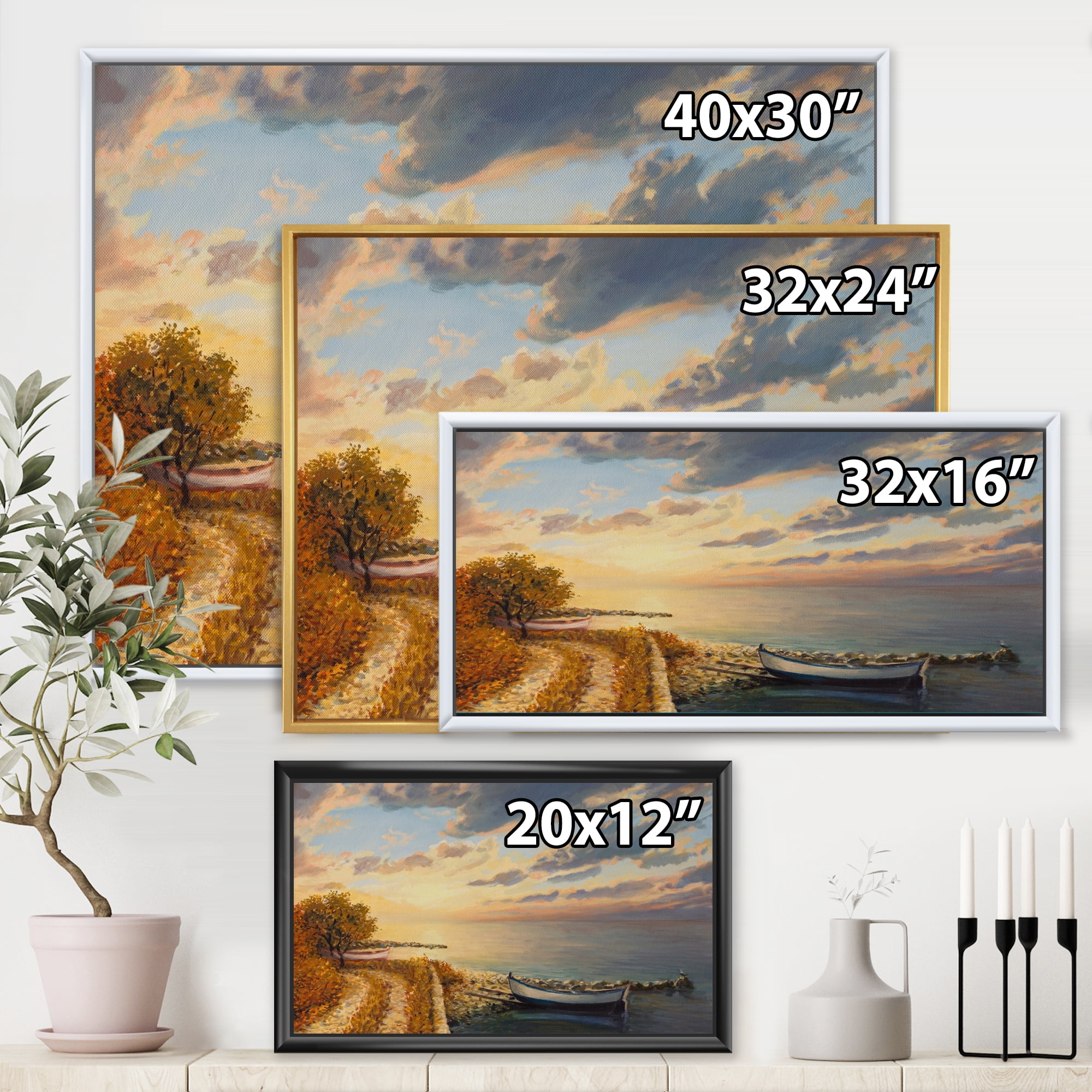 Romantic Morning By The Sea 20 in x 12 in Framed Painting Canvas Art Print, by Designart