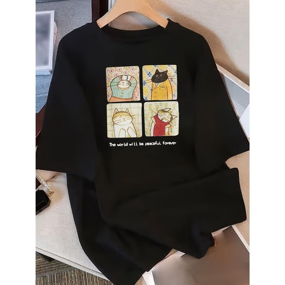 Women's Cartoon Cats Graphic Tees featuring "The world will be peaceful forever" Print T - shirts Comfortable Short Sleeve Tops Great For Daily Casual Shirts