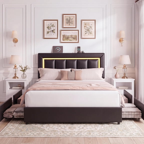 Queen PU Leather Storage Platform Bed with LED & 4 Drawers, Queen Size, Black, Bedroom, Charging Station