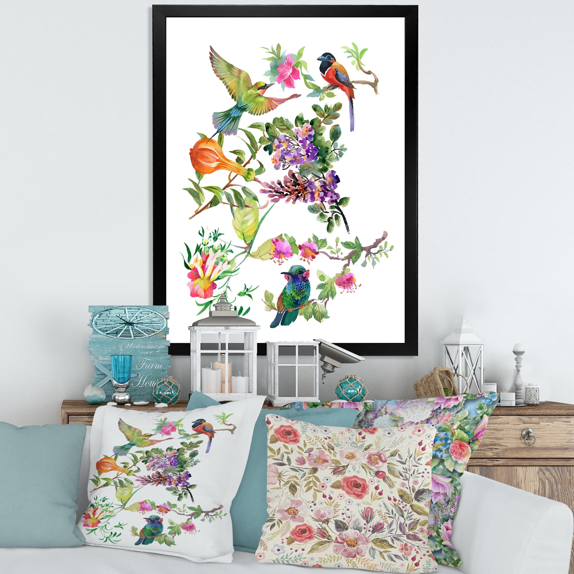 Designart 'Colourful Birds and Tropical Flowers II' Traditional Framed Art Print