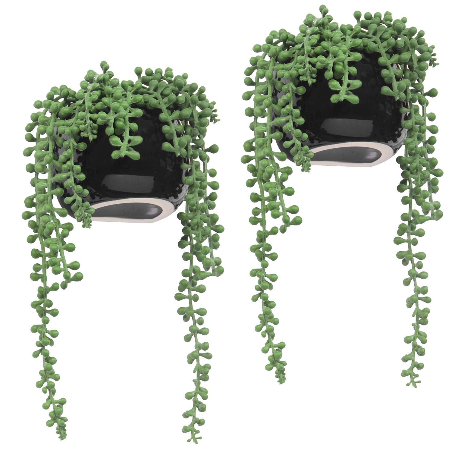 MyGift 10-inch Wall-Mounted Artificial String of Pearls Plants in Black Ceramic Planters, Set of 2 - image 1 of 3