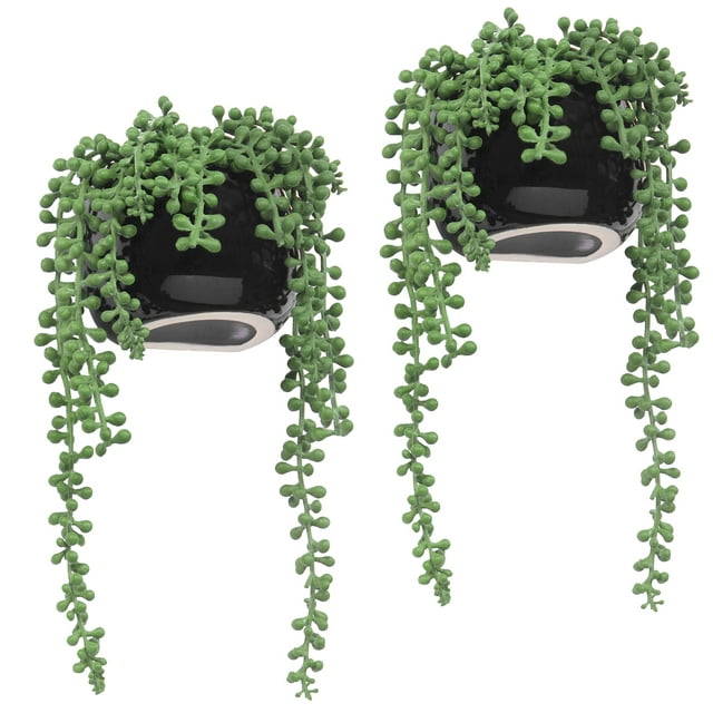 MyGift 10-inch Wall-Mounted Artificial String of Pearls Plants in Black Ceramic Planters, Set of 2