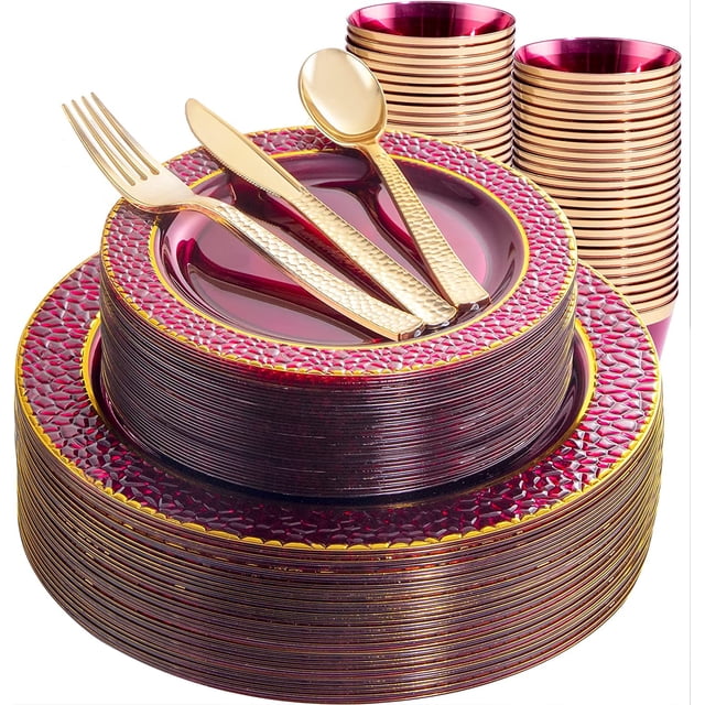 Ciaell 150 Pcs Assiettes en Plastique Transparentes Rouges - Ensemble d'Assiettes Jetables Rouges et Dorées Comprenant 50 Assiettes, 25 Fourchettes, 25 Couteaux, 25 Cuillères, 25 Tasses pour Mariage & Fête & Noël