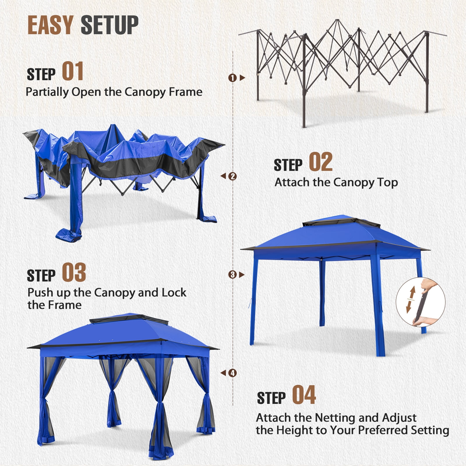 INTER HUT 11x11 Outdoor Pop up Gazebo Tent with Mesh Walls for Patio, Lawn, Backyard and Deck, Blue