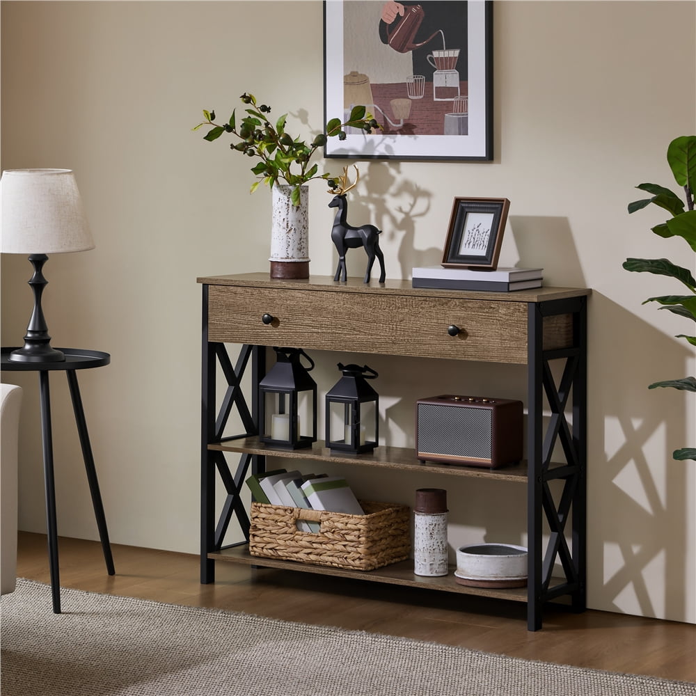 Topeakmart X Design Console Table w/ 1 Drawer & 2 Shelves, Taupe Wood