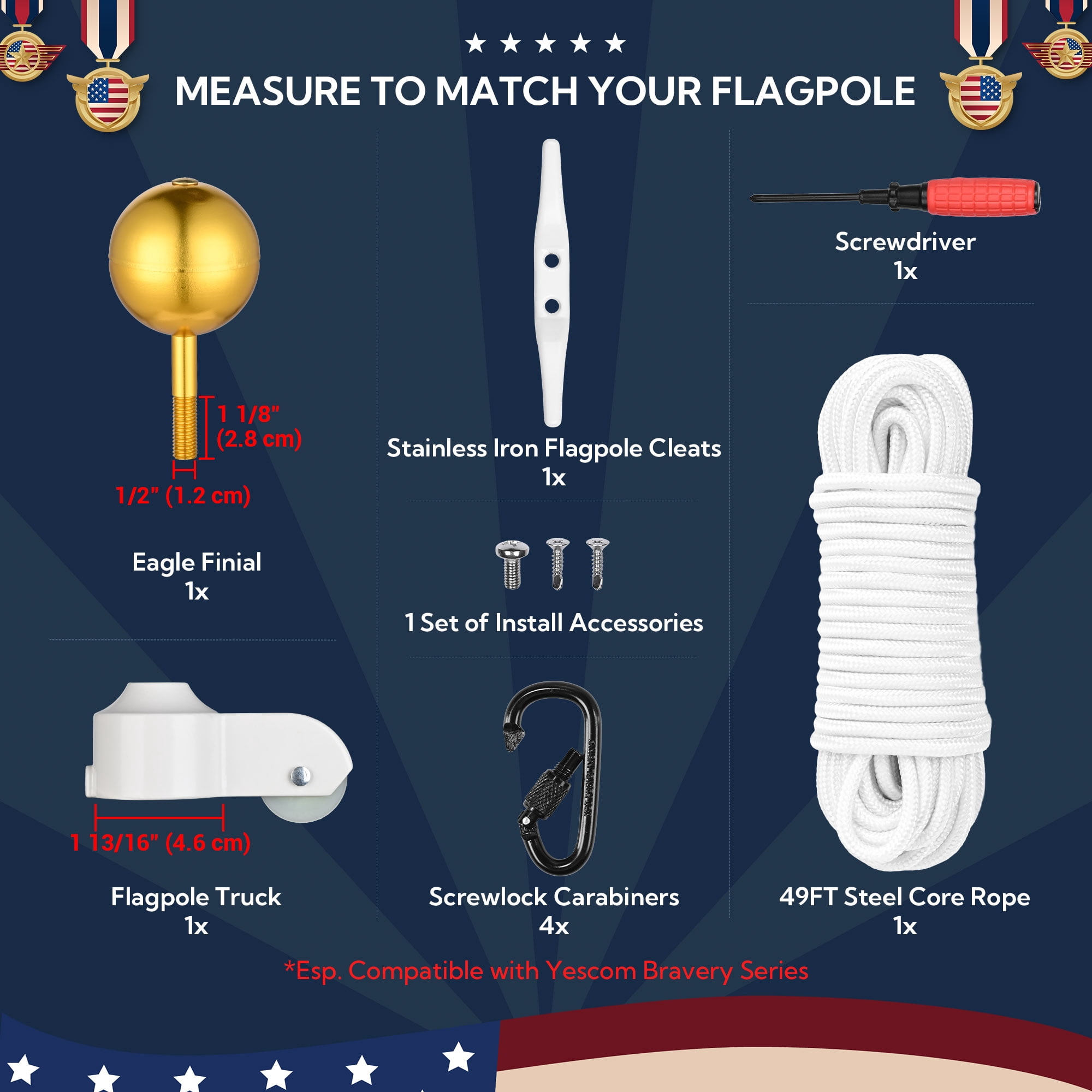 Yescom ALL Aluminum Flag Pole Hardware Repair Kit 50FT Wire Core Halyard Rope Gold Ball Topper for 20/25/30 FT Sectional Pole with 1 13/16" Dia.
