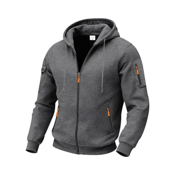 Mens Full Zip Cargo Hoodie Drawstring Zipper Pockets Fleece Lined Jackets Fall Winter Casual Sweatshirt Dark Gray L