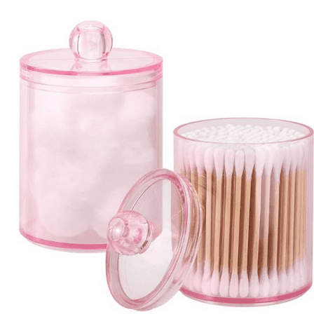 2 Pack Holder Bathroom Jars Canisters for Cotton Ball Swab Pad Storage Dispenzer, Pink 10-Ounce