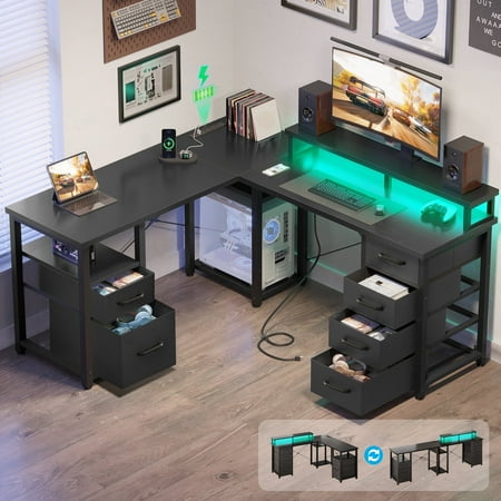 L Shaped Desk with Drawer, 66 inch Computer Desk with Monitor Stand, Reversible Corner Desk, Gaming Desk with Storage Shelves, Home Office Desk, Black