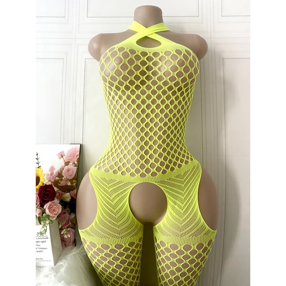 Women's Halter Cross Neck Fishnet Bodystocking - Open Crotch Hip Cutout High Waist Sheer Mesh Lingerie Intimate Apparel