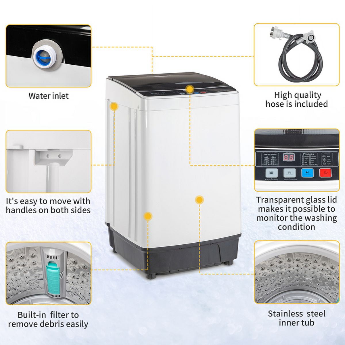 Fithood Full-Automatic Washing Machine Top Load Portable Compact Laundry Washer Spin with Drain Pump,10 programs 8 Water Level Selections with LED Display 17.6 Lbs Capacity, black