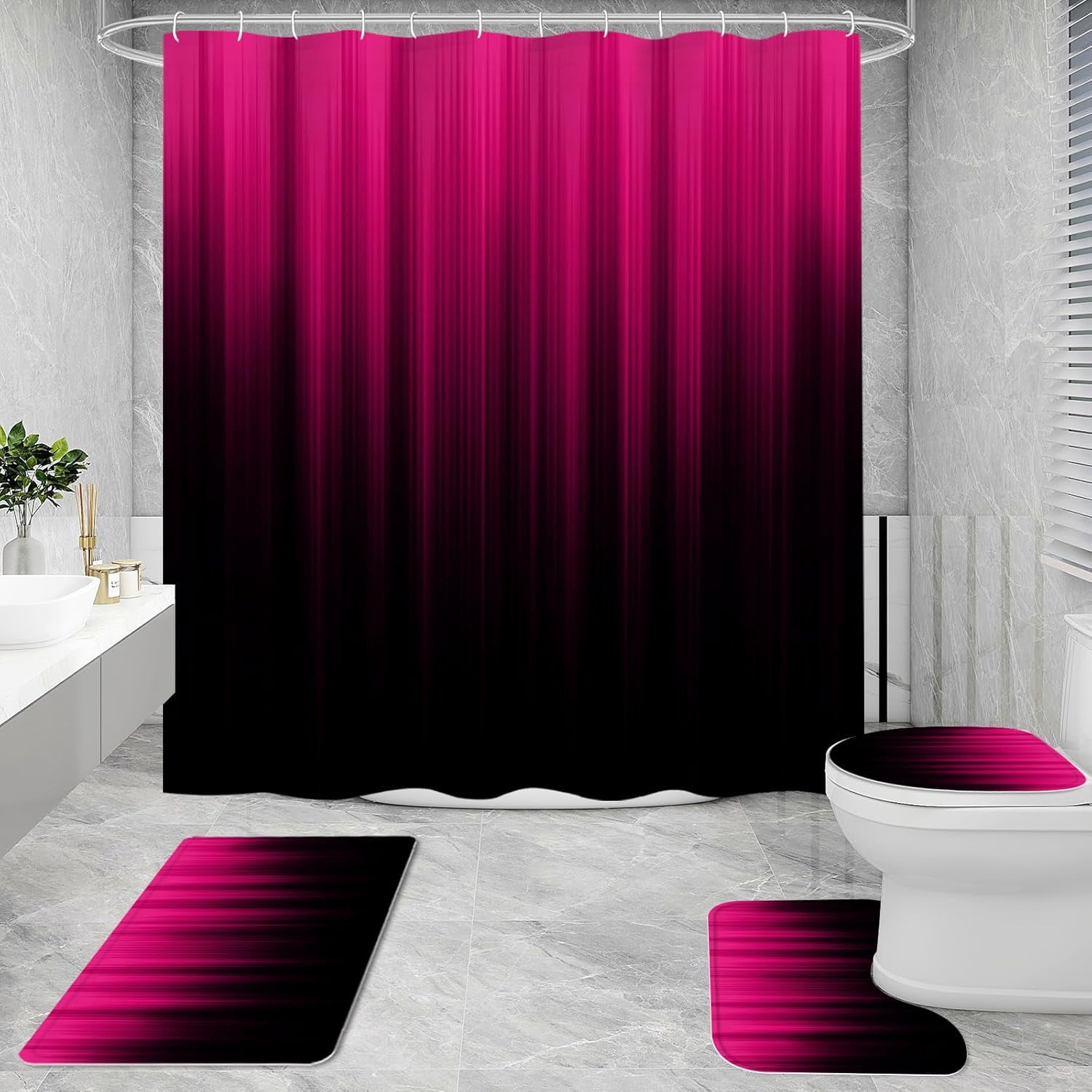 Red and Black Gradient Shower Curtain Set with Rugs and Toilet Lid Cover, Modern Simple Waterproof Fabric Bathroom Set, Ombre Stripe Gothic Abstract Bathroom Decor Set Accessories
