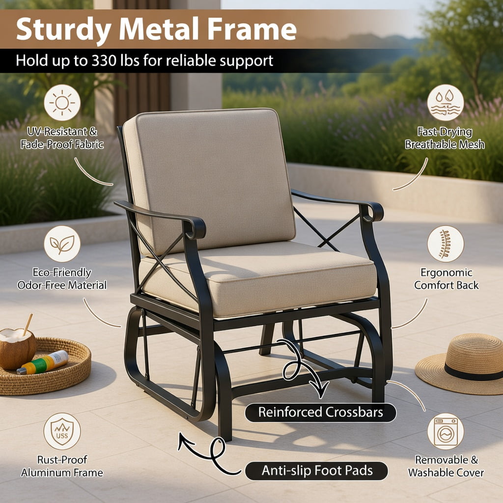 Hommoo Patio Glider Rocking Chair with Black Metal Frame, Thick Breathable Cushions & Smooth Quiet Glide, Outdoor Porch, Deck or Backyard Seating, Beige