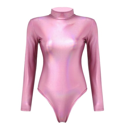 Aayomet OnePiece Jumpsuits For Women Women Yoga Jumpsuits Shiny Metallic Leather Neck Long Sleeve Leotard Bodysuit Pink L