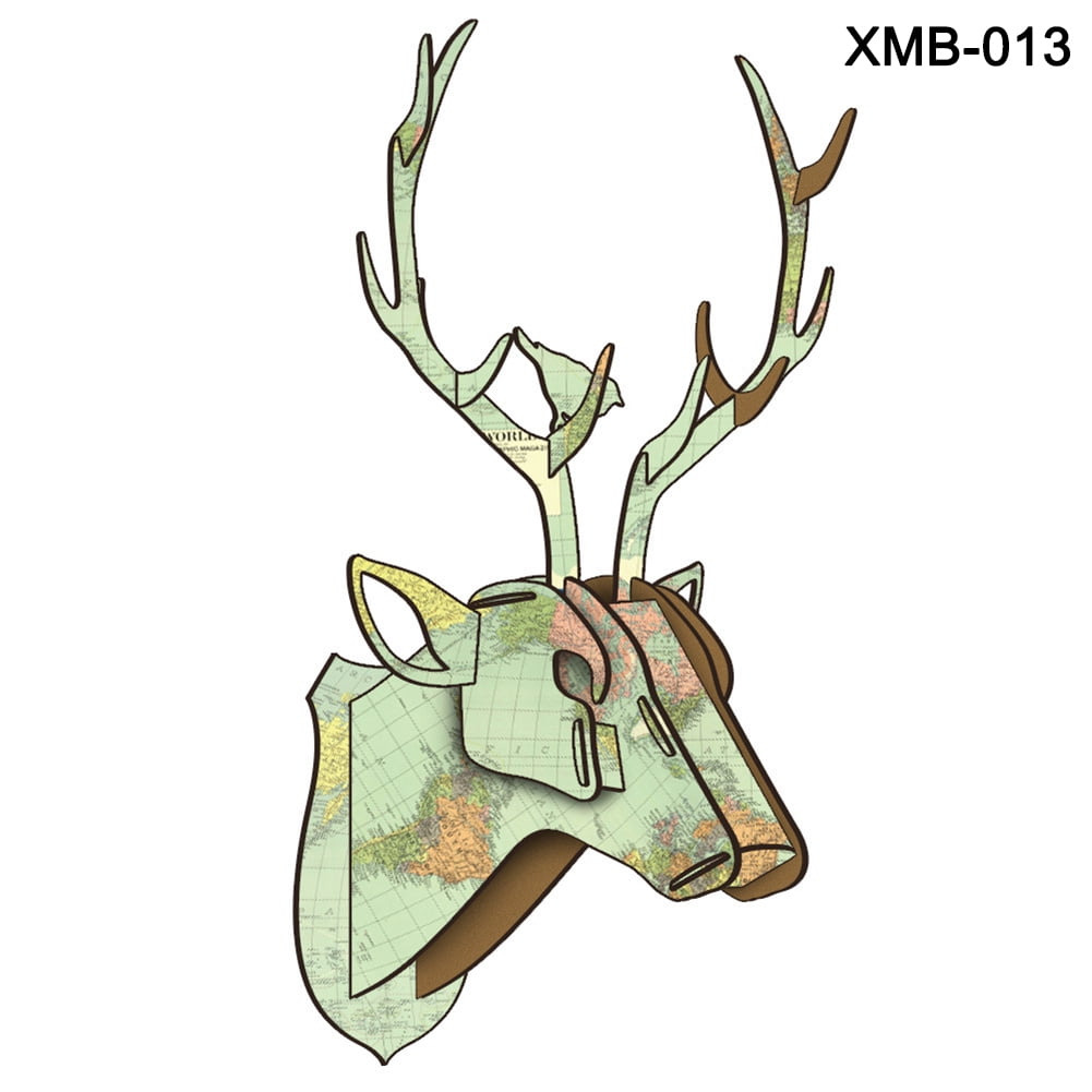 3D Animal Head Wood Statue Handicraft Assemble Sculptures Home