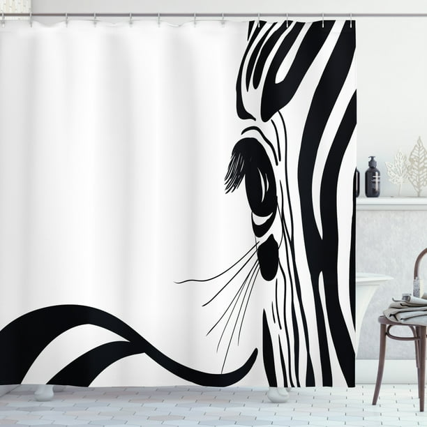 Wildlife Shower Curtain Artistic Sketch Detail Of Zebra Eye Curved Lines Stripes Camouflage Pattern Fabric Bathroom Set With Hooks 69w X 70l Inches Black And White By Ambesonne Com Wildlife Shower Curtain Artistic, Wildlife Shower Curtains Sets
