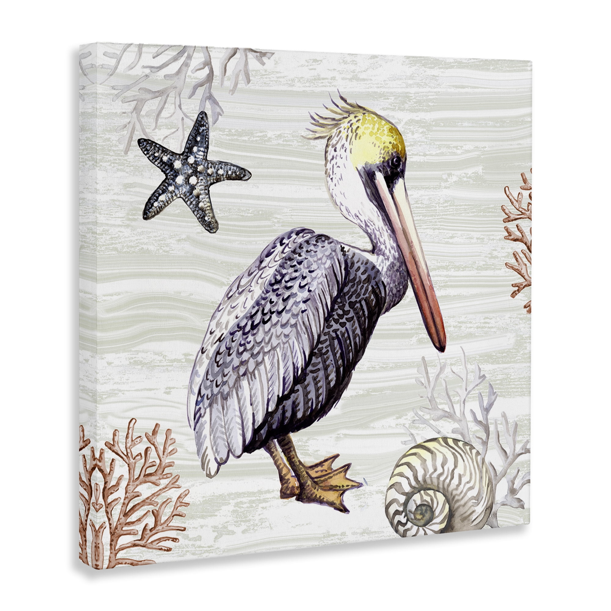 Stupell Industries Beach Bird Pelican Animals Painting Wrapped Canvas Art Print Wall Art, 30 x 30