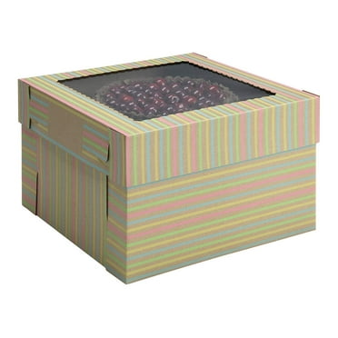 W PACKAGING WPCKB148KS 14x14x8 Kraft/Kraft Striped Print 8" Deep Cake Box W/Window, E-Flute Pack of 25