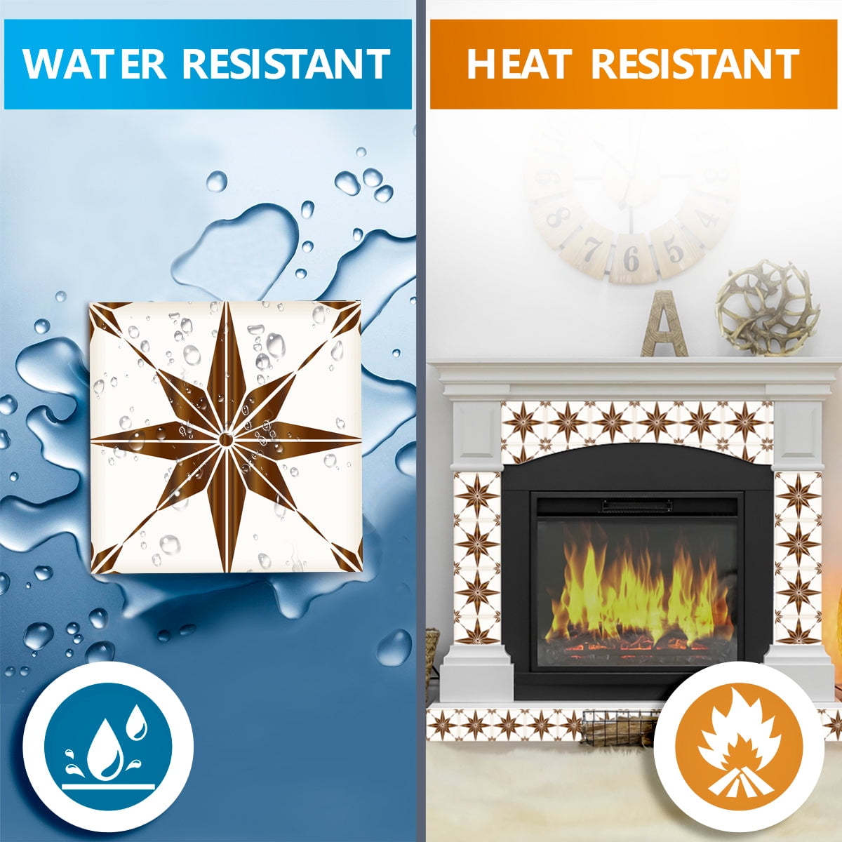 Mi Alma Vinyl Peel and Stick Star Shaped B67 Backsplash Tile Stickers, Brown, 4" x 4" (24-Pack)