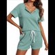 thumbnail image 1 of Conjunto de Pijama de Dos Piezas para Mujer, para Estar en Casa, con Camiseta de Corta y Pantalón Corto con Cintura Elástica. Verde M, 1 of 6