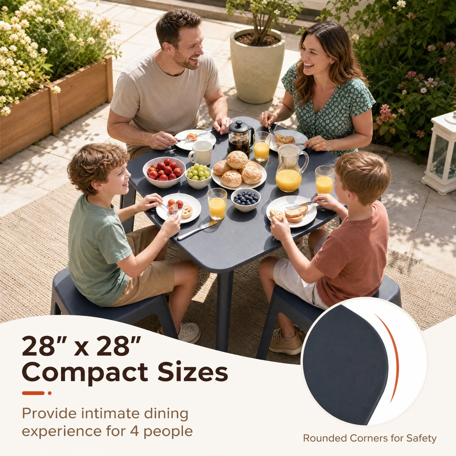 Furnibear Square Outdoor Dining Table for 4 All Weather Plastic Patio Bistro Table with Thick Top and Anti Slip Foot Pads, Gray