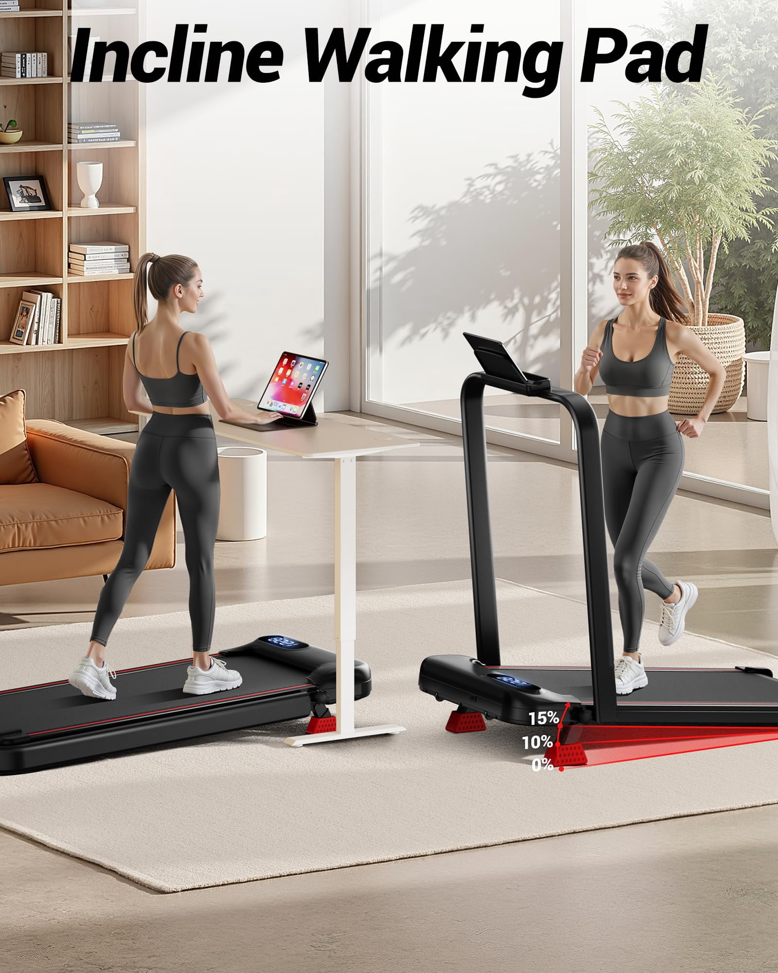 15% Incline Walking Pad Treadmill with Handle Bar - 2.5HP Quiet Folding Treadmill for Home Office Under Desk Portable Walking Pad with 300LBS Capacity