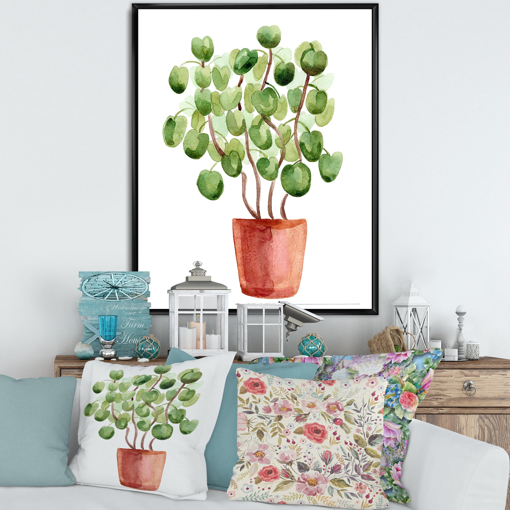 Designart 'Abstract Chinese Money Plant In Pot' Traditional Framed Canvas Wall Art Print