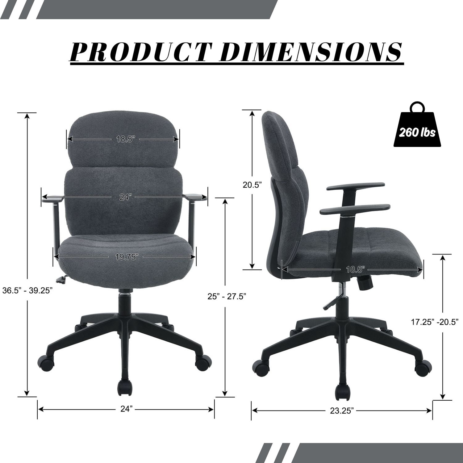 Dayalane Modern Adjustable Office Chair, Swivel Fabric Ergonomic Task Chair with Armrests, 90-120° Tilt Function and Wide Cushion Desk Chair for Home/Bedroom/Study/Office/Conference Room, Grey