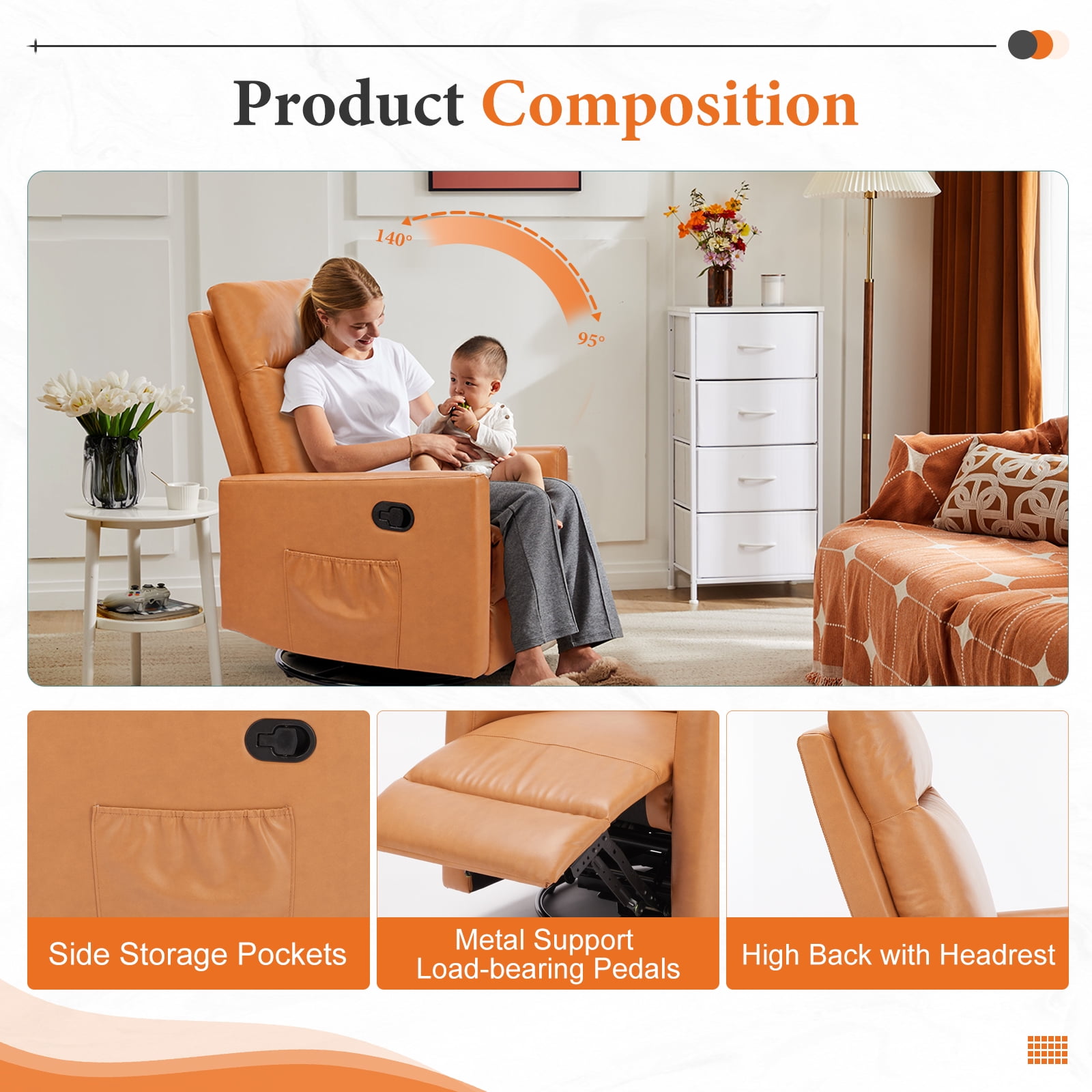 Recliner Message Chair with Footrest, Swivel Rocking Glider, High Back Upholstered Deep Seat for Living Room, Brown