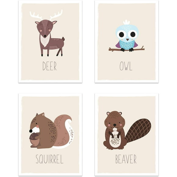 Woodland Animals Nursery Decor – Set of 4 (unframed) 11x14 inch Baby Wall Art Posters – Educational Nature Theme Room Prints For Bedrooms, Playroom, Classrooms and Daycare