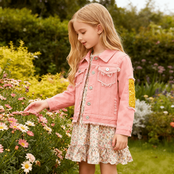 Hotiary 6-14Y Teens Little Girls Boys Casual Long Sleeve Ripped Denim Jacket Kids Sequins Button Front Distressed Denim Top Outwear With Pockets