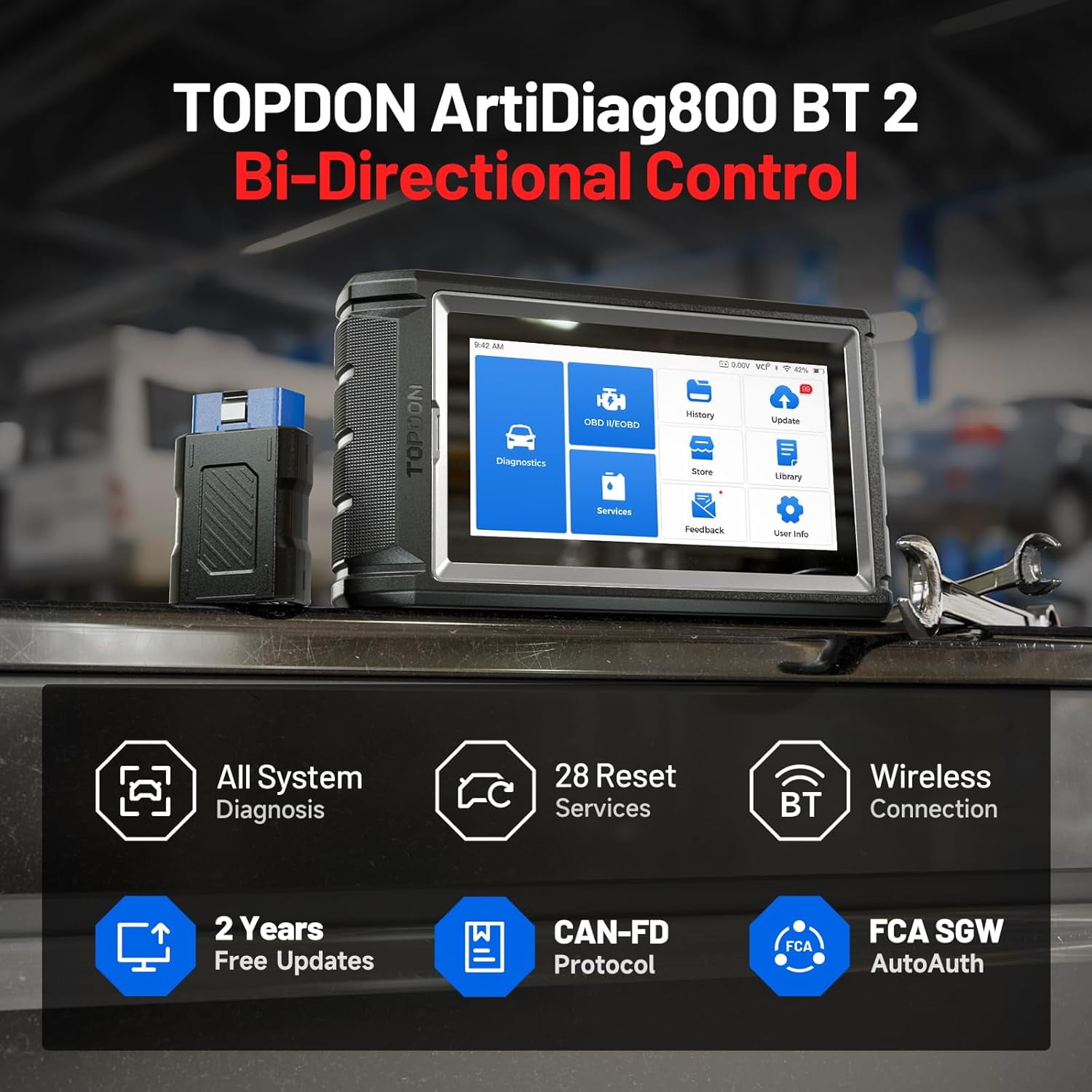 TOPDON OBD2 Scanner AD800BT 2, Bidirectional Scan Tool, All System Automotive Diagnostic Scanner, Active Test, 28+ Reset Service, FCA Autoauth, 2 Years Free Update