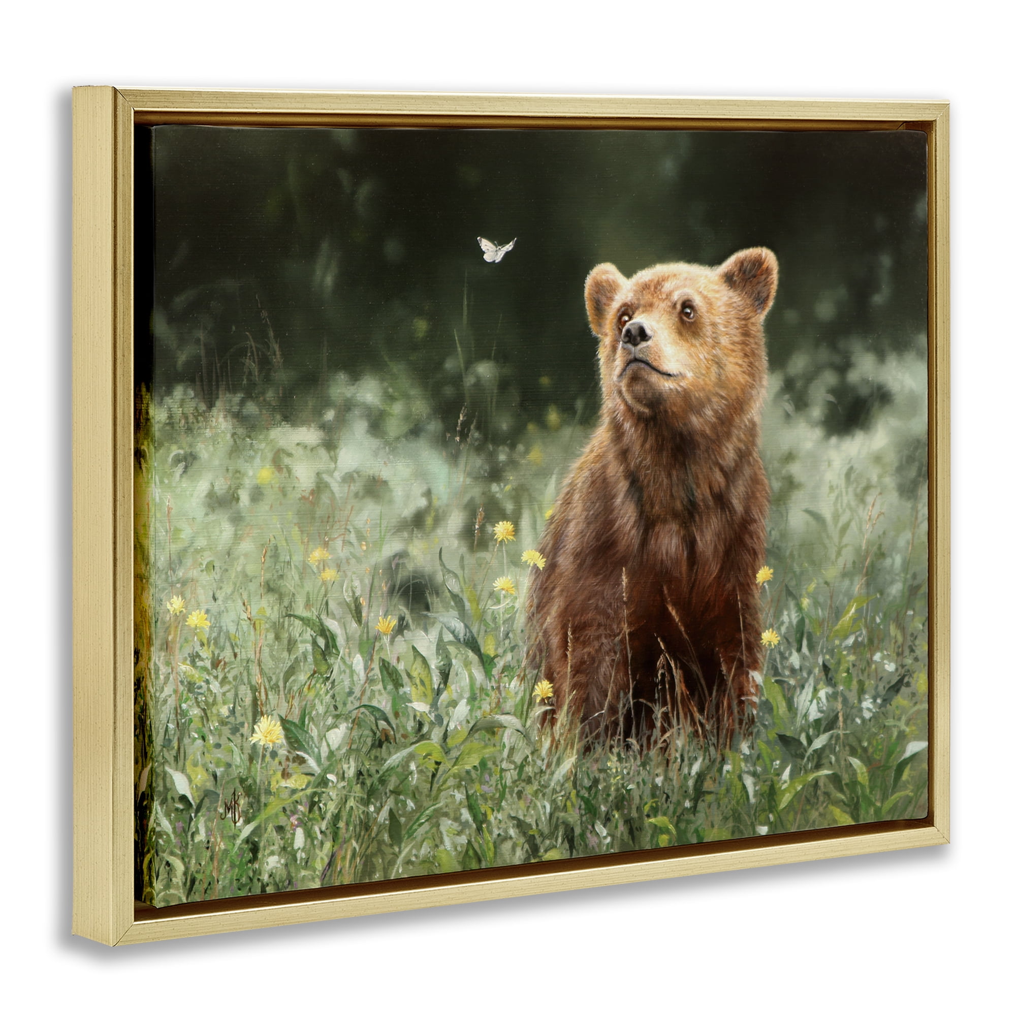 Stupell Industries Baby Bear & Butterfly Animals Painting Gold Floater Framed Canvas Art Print Wall Art, 31 x 25