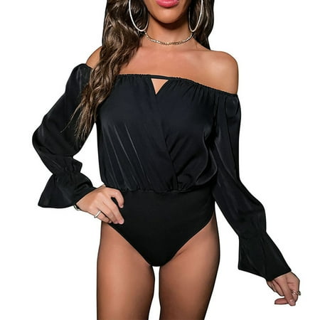 

Aueoeo Deep V Bodysuit for Women Body Shaper for Women Butt Lifter Tummy Shaper Women s Spring and Autumn Jumpsuit for Women In A Solid Color Black One-Line Shoulder Flared Sleeves Lantern Sleeves