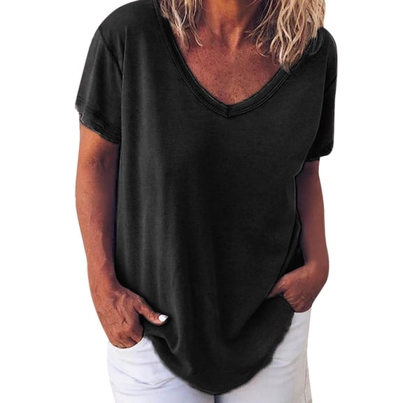 Angala Womens Tees V Neck Short Sleeve Solid Color Blouse Summer Loose Comfortable Dailywear Ladies T Shirts Size M Black