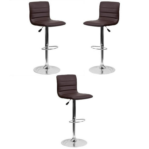 Home Square 25" to 33" Striped Bar Stool in Brown with Chrome Base - Set of 3