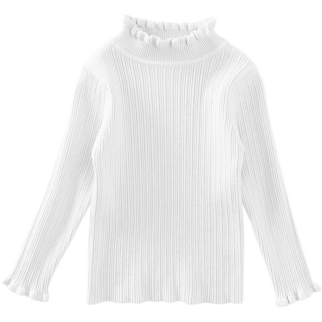 WUANDIXFA Kid Christmas Sweater Autumn and Winter Girls' Pullover Solid Color Knitted Sweater with Ruffled Neck Bottoming Knitted Sweater White,6-7 Years