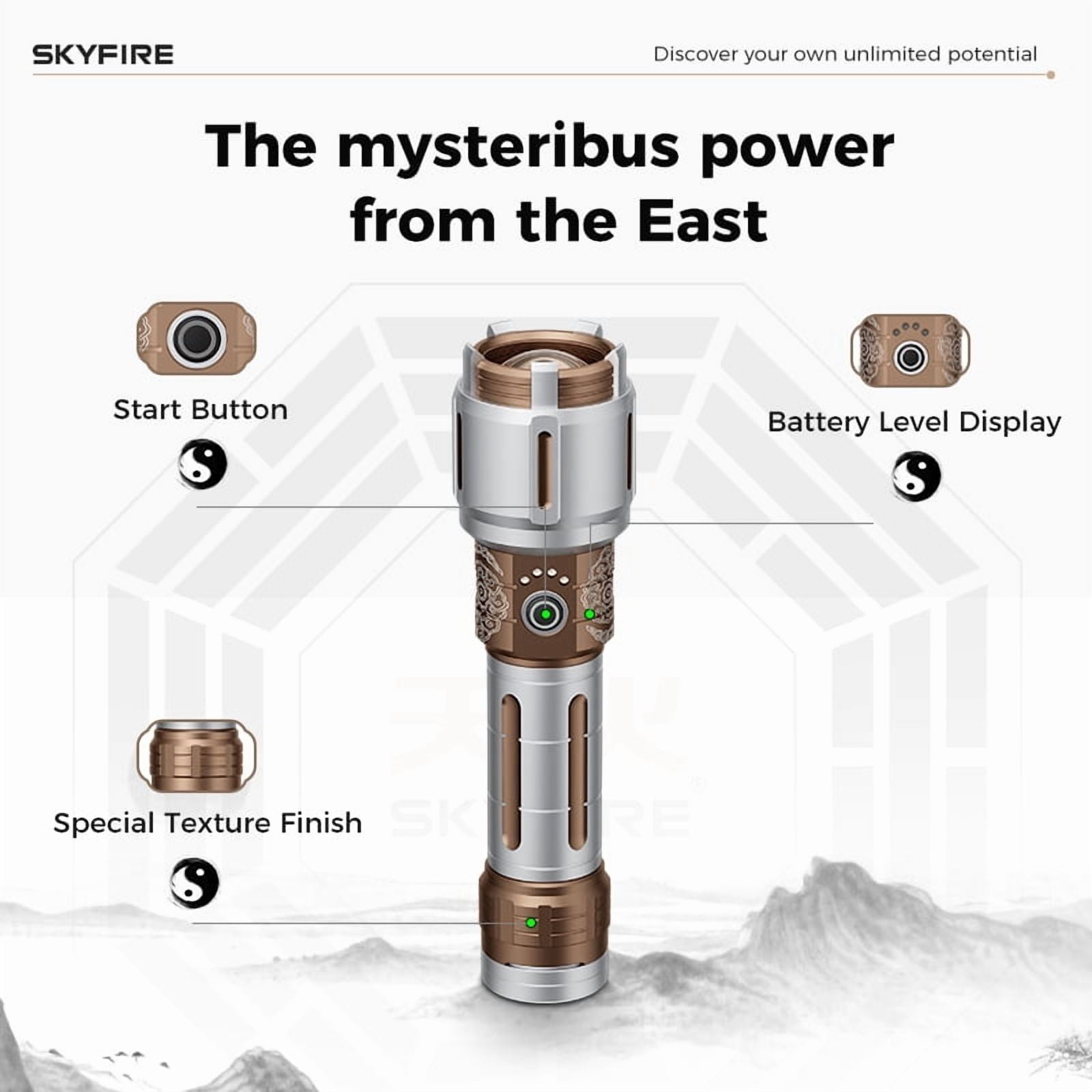 SKYFIRE New Model Flashlight - High Brightness - Rechargeable - Outdoor Flashlight - Extremely Bright, with five modes, equipped with a focusing lens and various complimentary items.