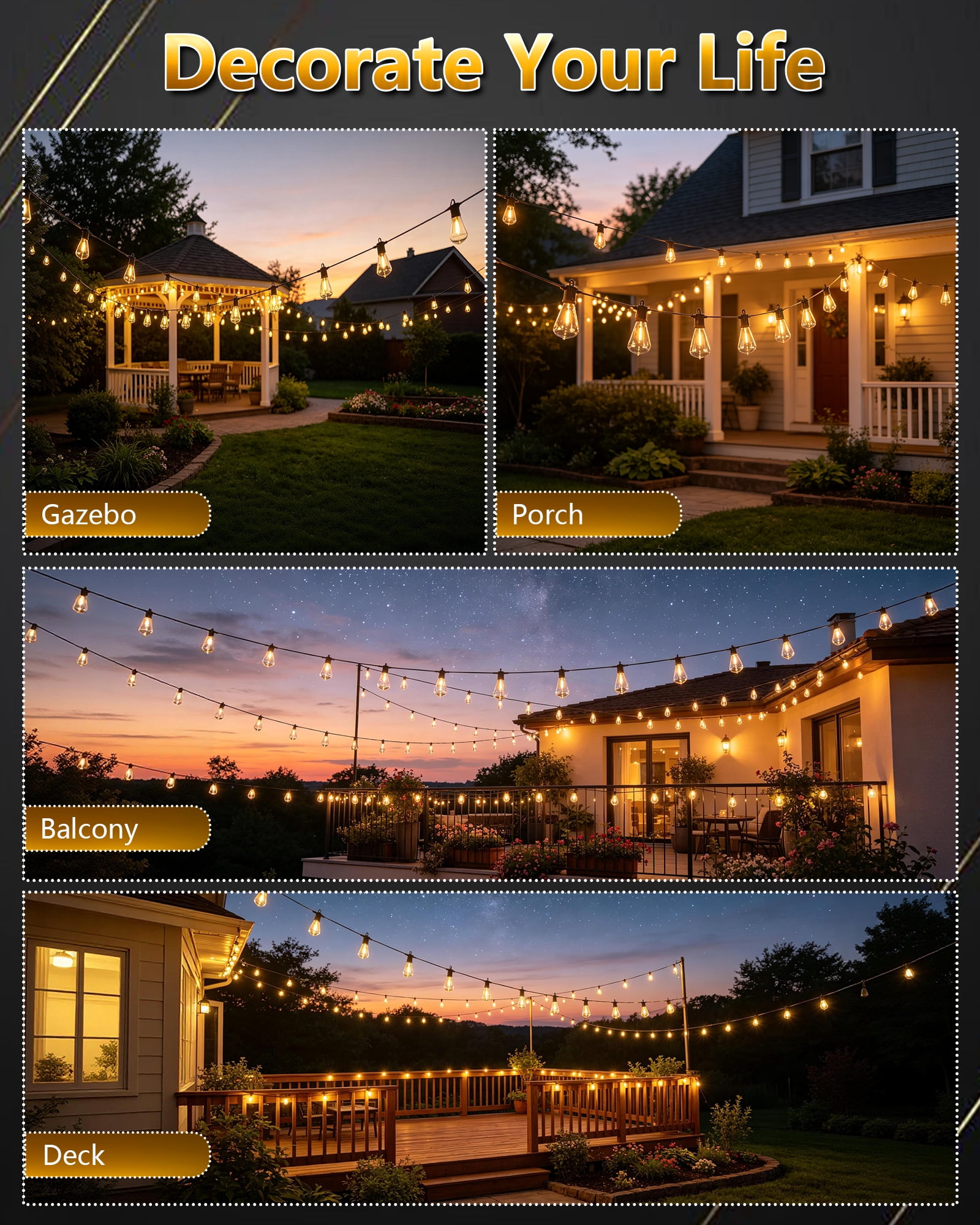 Beatineon Outdoor String Lights 150 ft, LED Patio Lights with 77 (75+3 Spare ST38 Shatterproof Bulbs), IP 65 Waterproof, Outside Hanging Light for Cafe Bistro Backyard