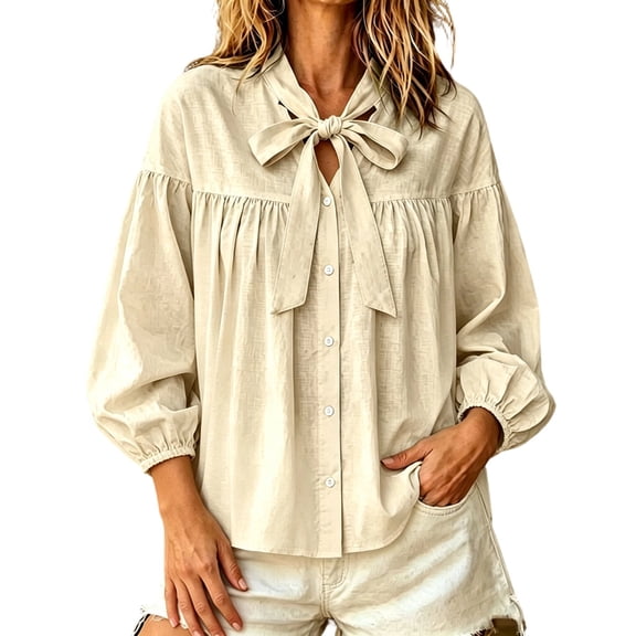 Lmueinov Long Sleeve Shirts for Women Tie Neck Cotton Linen Lightweight Casual Tops Button Down Shirts for Women Loose Fit Solid Beach Office Blouses