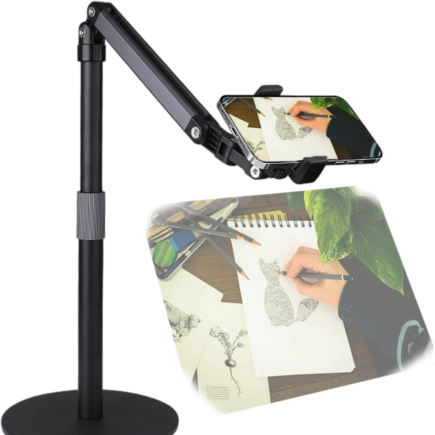 Heavy Duty Overhead Phone Stand for Desk Video Recording for Holder, with Extension Arm, 360° Swivel, for Filming, Meeting, Cooking, Painting and Crafting