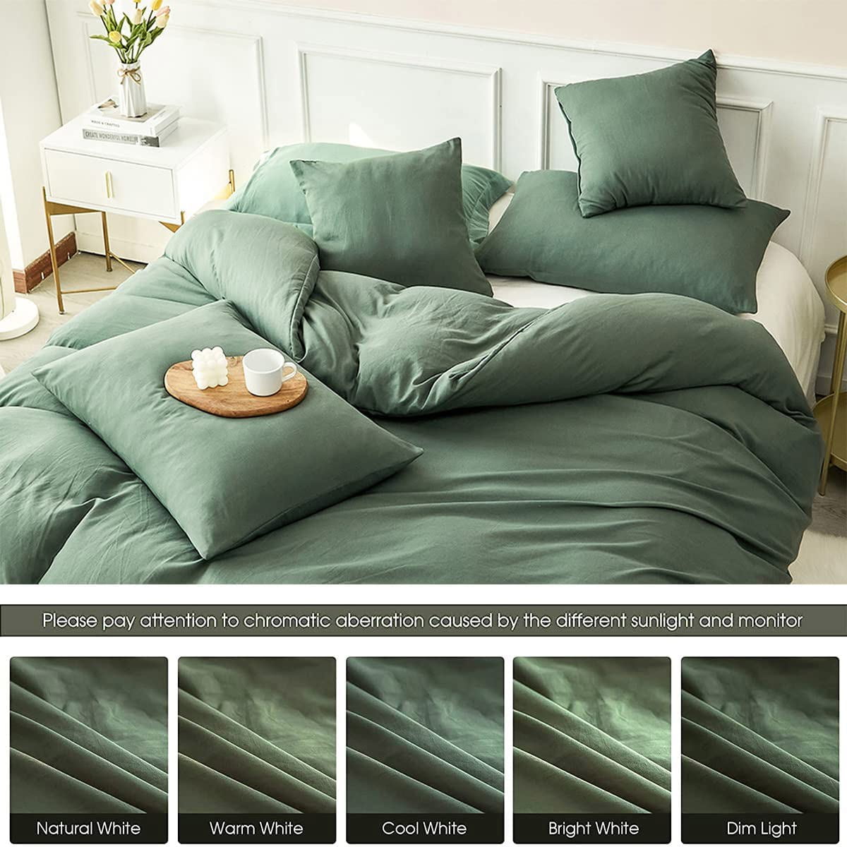 Green Duvet Cover Twin Size 100% Washed Cotton Solid Color Bedding Set 2Pcs Simple Modern Soft Lightweight Breathable Comforter Cover