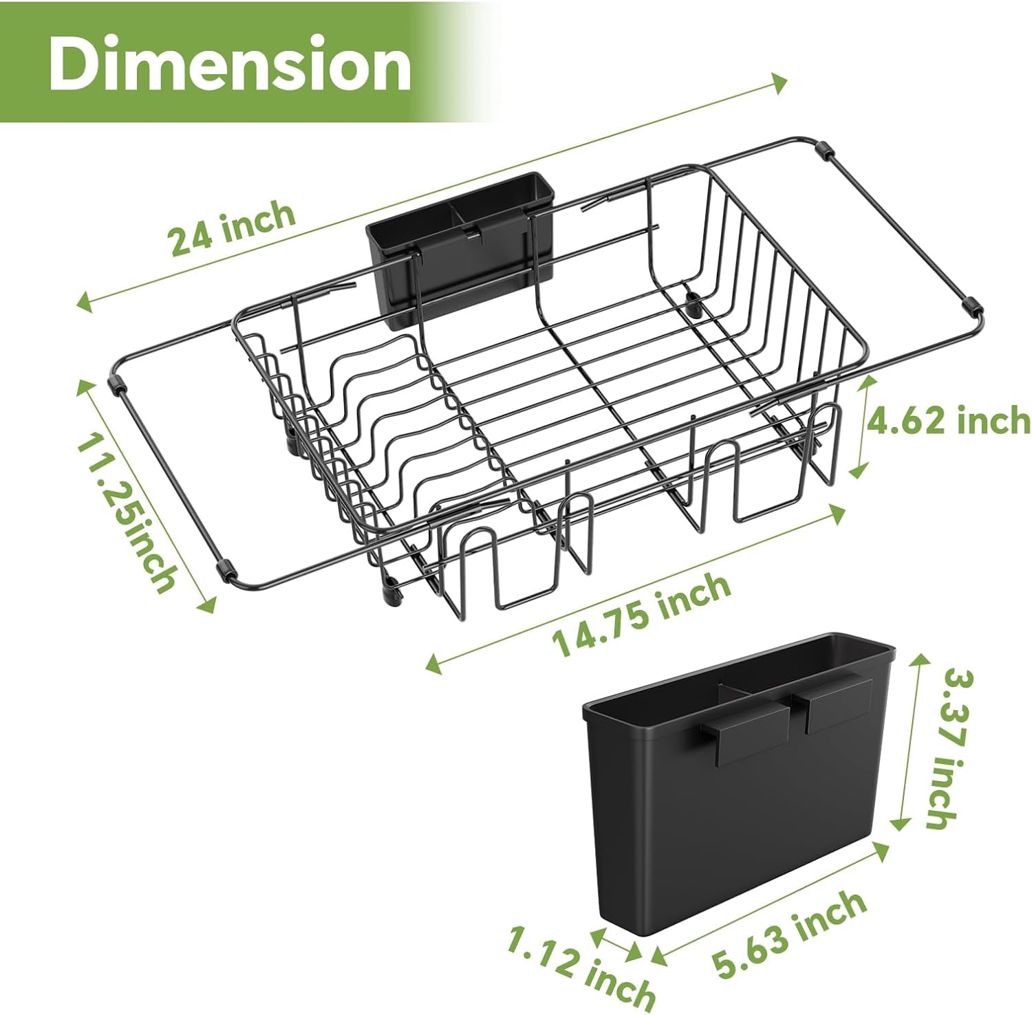 General Expandable Dish Drying Rack in Sink, Adjustable Dish Drainers for Kitchen Counter, Inside Sink, Over The Sink with Utensil Holder, Black